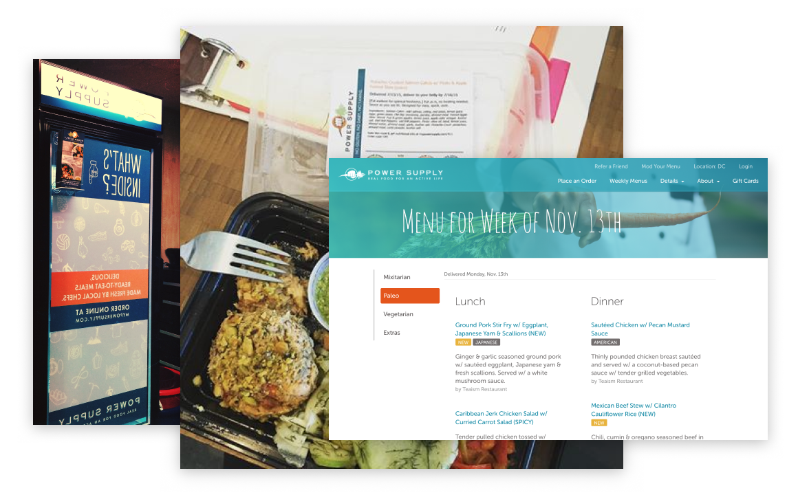 Designing across media - [Image of PS designs across mediums - fridge, meal, landing page, email]