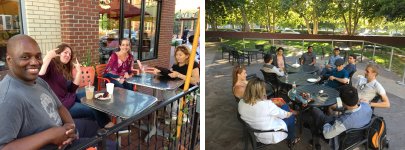 Left: one of our typical meetups at Buzz Coffee in Alexandria, VA. Right: one of our typical meetups in Silicon Valley, at the Computer history museum during Food Truck Friday.