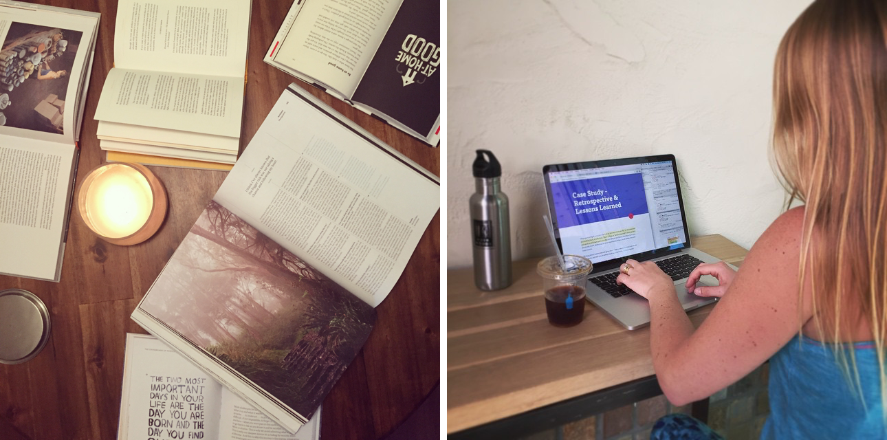 Left: print inspiration for the book. Right: writing at our favorite coffee spot.
